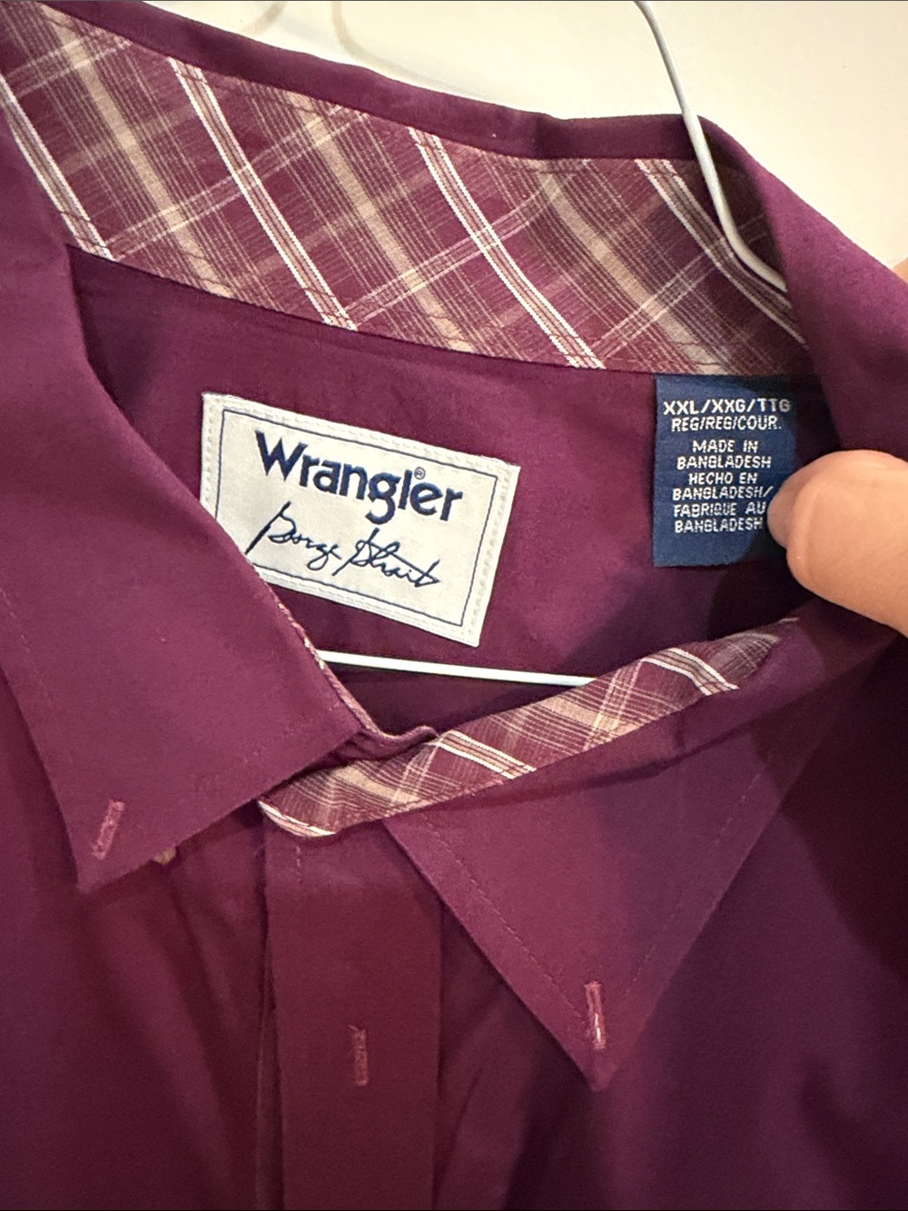 Wrangler Men's Plum Button-Down Shirt with Plaid Trim
